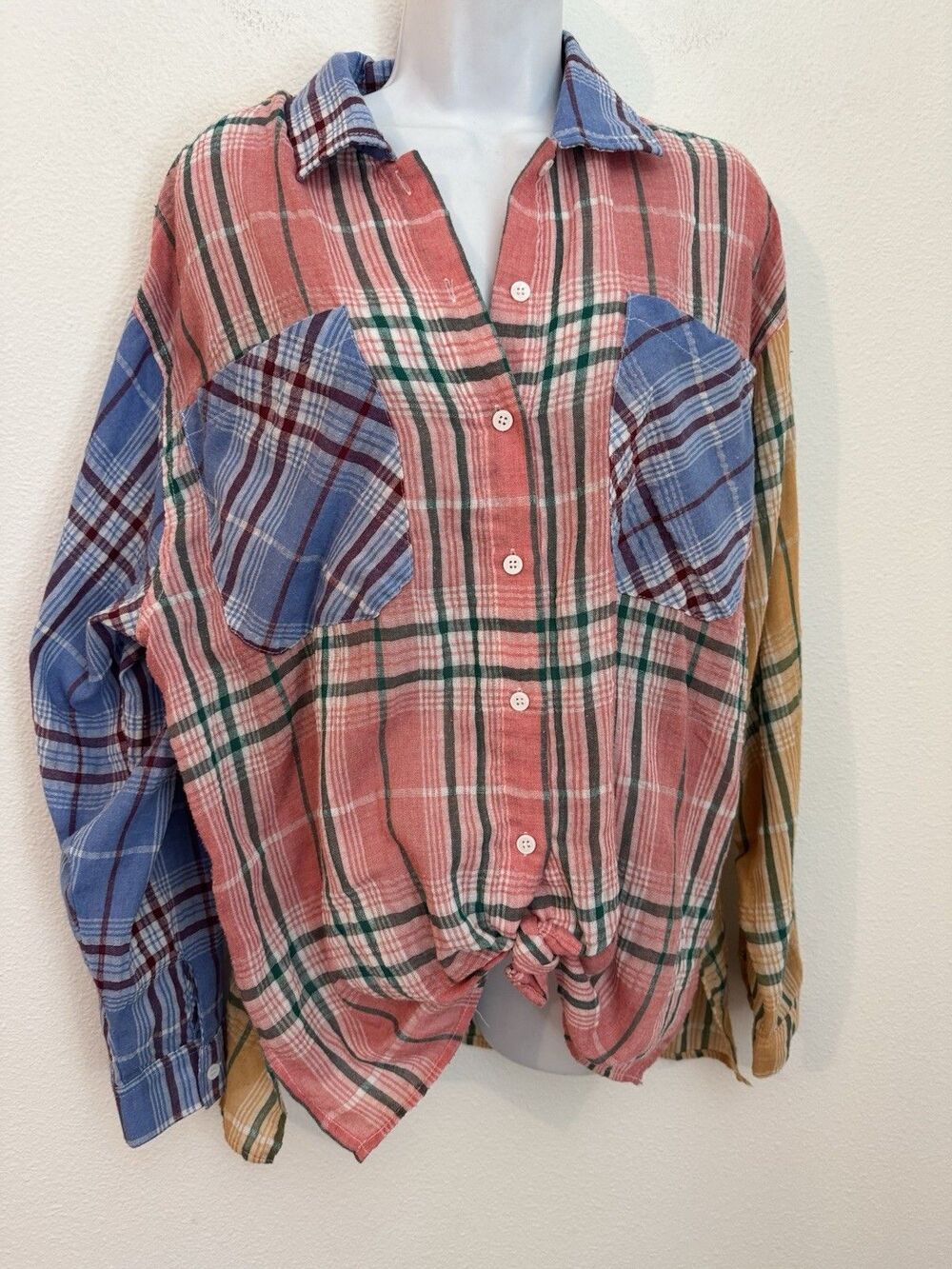 On Blue Shirt Oversized Plaid Button-Down Madras Mixed Media Summer Cover Up M